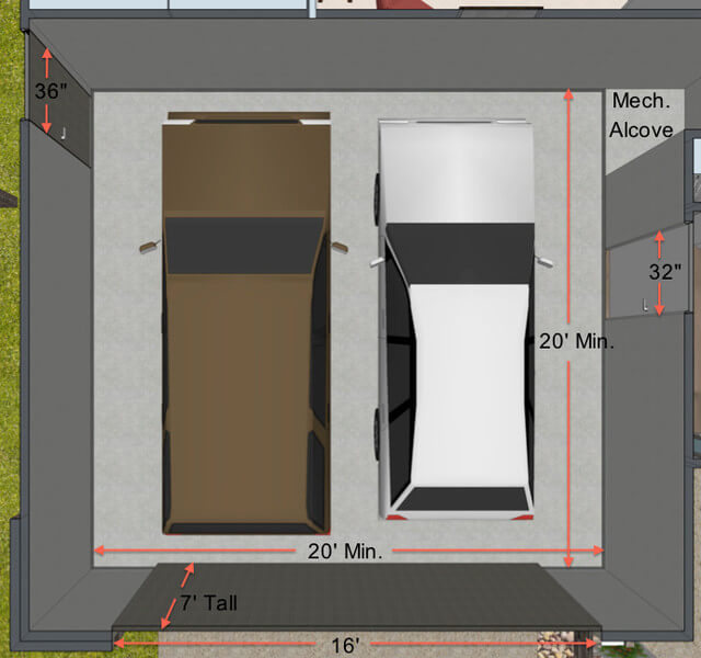 THE MINIMUM 2 CAR GARAGE SIZE. CONTEMPORARY FLOOR PLAN