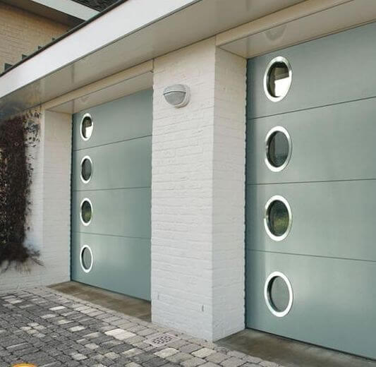 MID CENTURY MODERN GARAGE DESIGN IDEAS ROUND GLASS WINDOWS ON THE DOOR