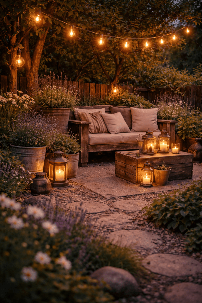 Rustic Garden Decor with Ambient Lighting and Decorative Accents
