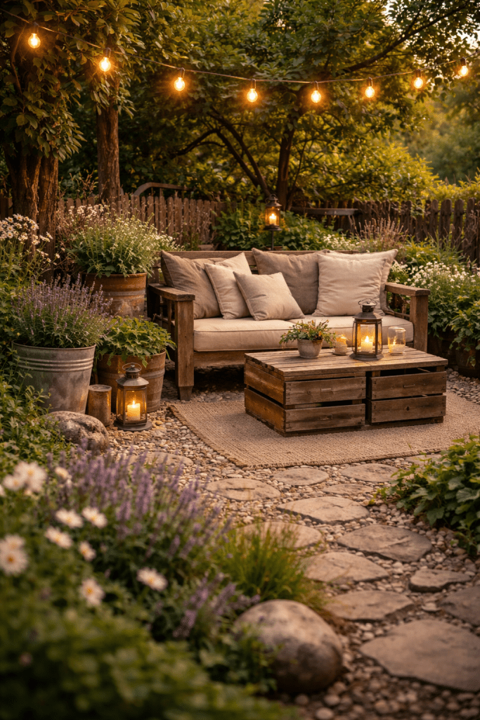 Rustic Garden Decor with Natural Wood and Vintage Furniture