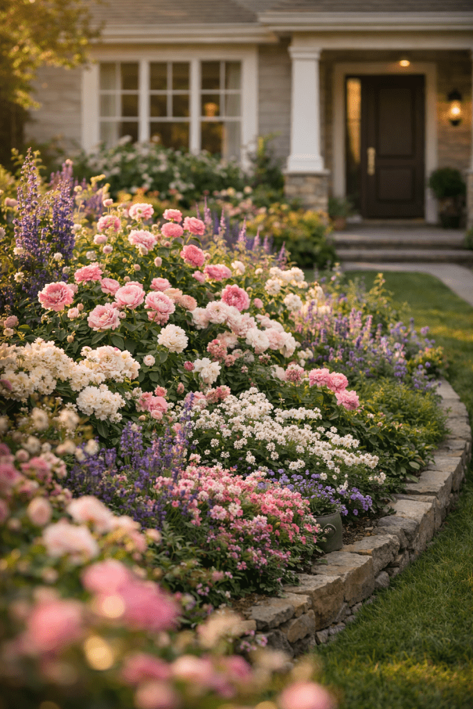 1. Layered Cottage Style Flower Beds in Front of House