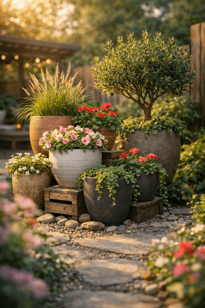 1. Layered Garden Pots Arrangement for Depth and Visual Drama