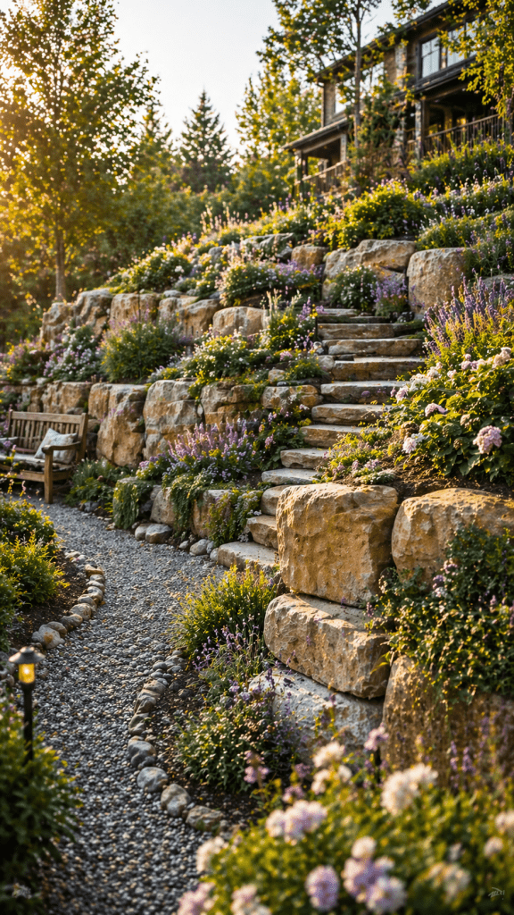 2 Tiered Natural Rock Retaining Wall for Sloped Yards