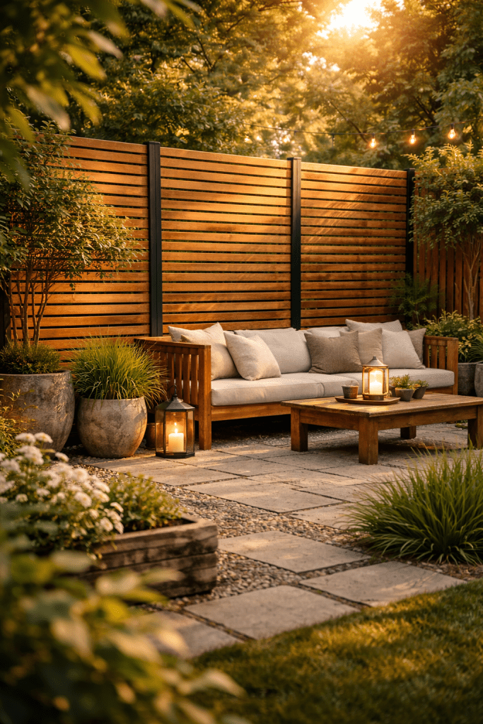 2. Modern Wooden Slat Garden Privacy Screen