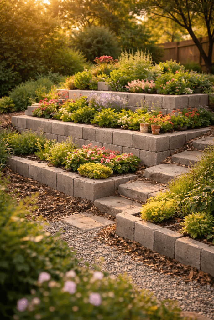 2. Tiered Concrete Block Garden Beds for Sloped Yards