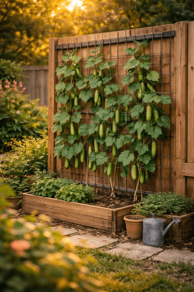 2. Vertical Wall Cucumber Trellis Ideas for Small Spaces