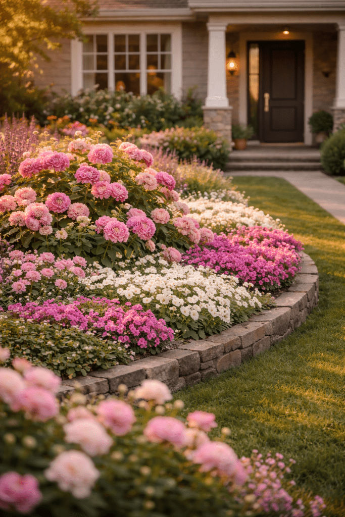 3. Color-Themed Flower Beds in Front of House