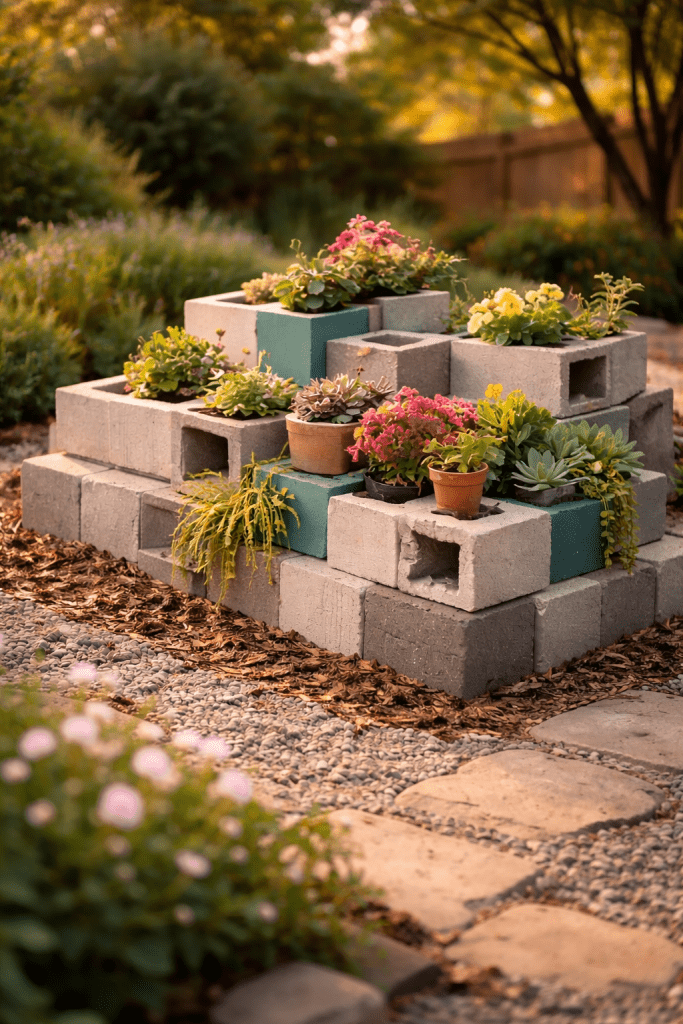 3. Decorative Concrete Block Garden Beds with Built-In Planters