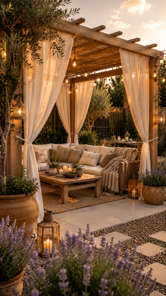 1. DIY Outdoor Curtain Pergola for a Cozy Backyard Retreat