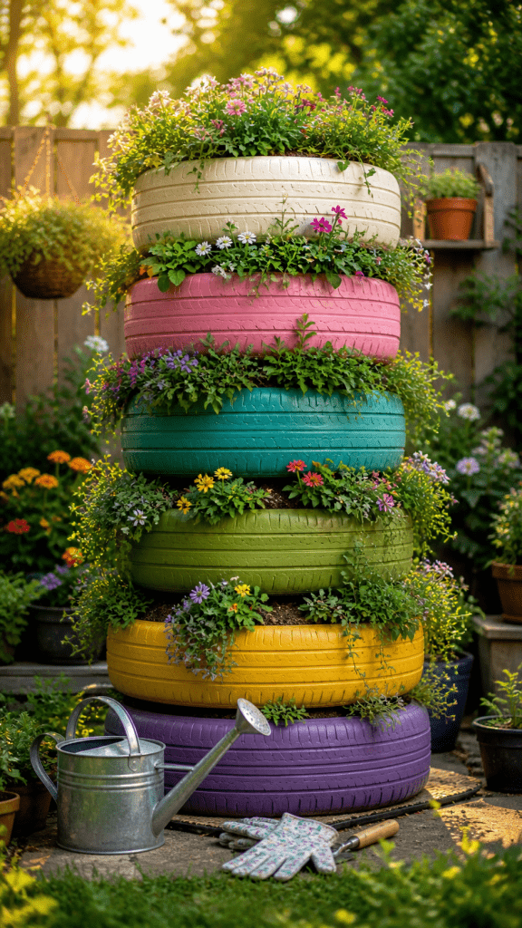 1. Stacked Tire Planter Tower for Vertical Beauty