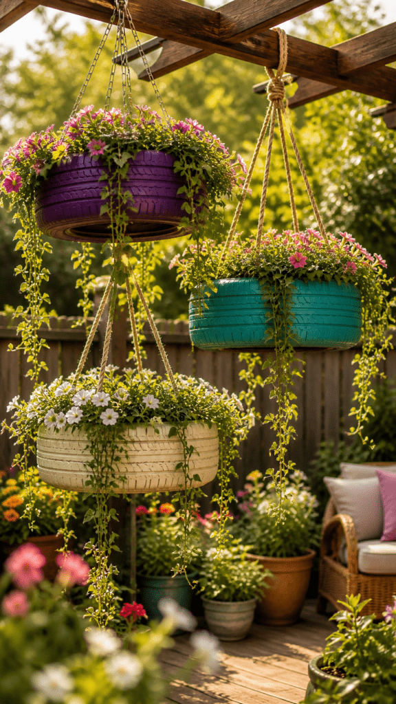 2. Hanging Tire Garden for a Unique Floating Effect