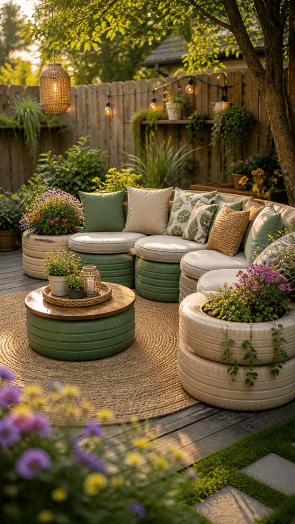 3. Tire Garden Seating with Built-In Planters
