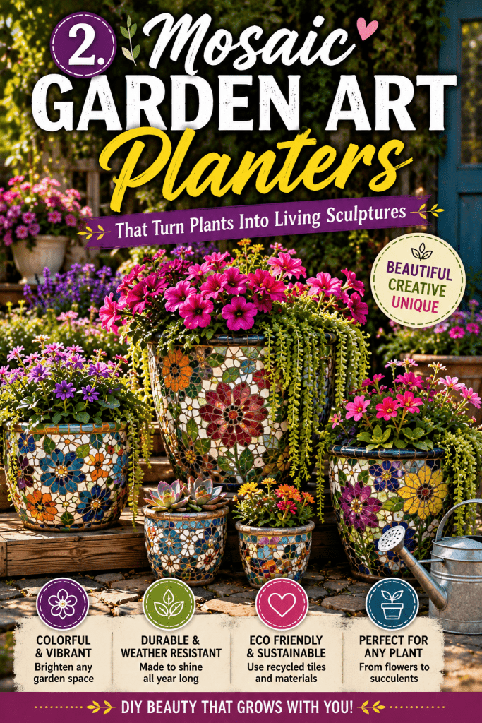 2. Mosaic Garden Art Planters That Turn Plants Into Living Sculptures 🪴🌈
