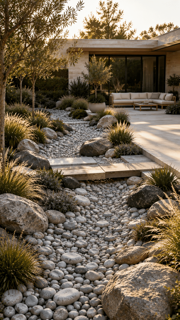 🥈 Best 2 Modern Dry Riverbed Landscaping with Minimalist Stone