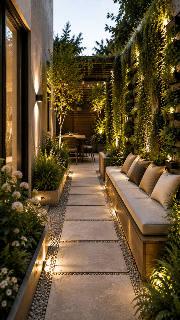 🥉 Best 3 Multifunctional Narrow Garden Designs With Built In Seating and Vertical Greenery