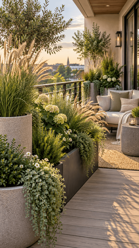 🥇 Top 1 Deck and Balcony Planters With Layered Greenery and Architectural Grasses