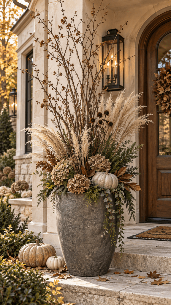 🥉 Top 3 Fall Outdoor Planter Ideas With Minimalist Branches and Dried Grasses