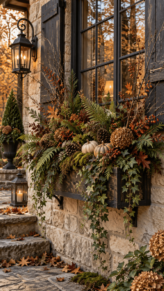 🥉 Top 3 Rustic Woodland Fall Window Box With Branches Berries and Evergreen Texture
