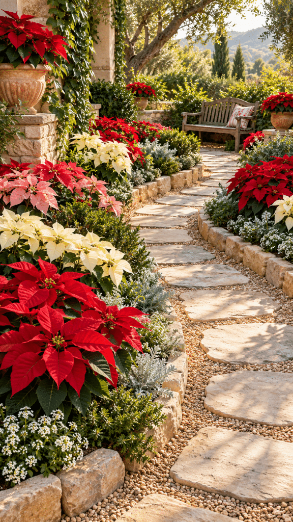 🥇 1 Poinsettia Garden Ideas With a Romantic Curved Pathway and Layered Flower Borders