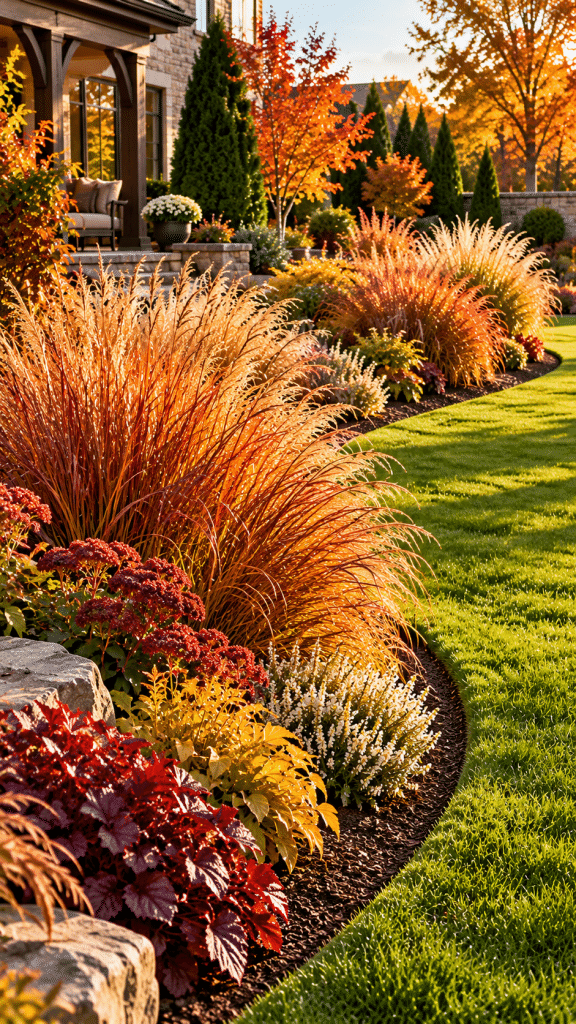 🥇 Best 1 Fall Garden Border Ideas With Copper Ornamental Grass Ribbons and Perfectly Defined Lawn Edges