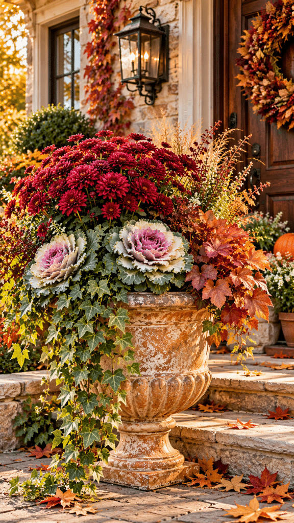 🥇 Best 1 Fall Planter Ideas With Romantic Cottage Garden Flowers and Cascading Autumn Foliage