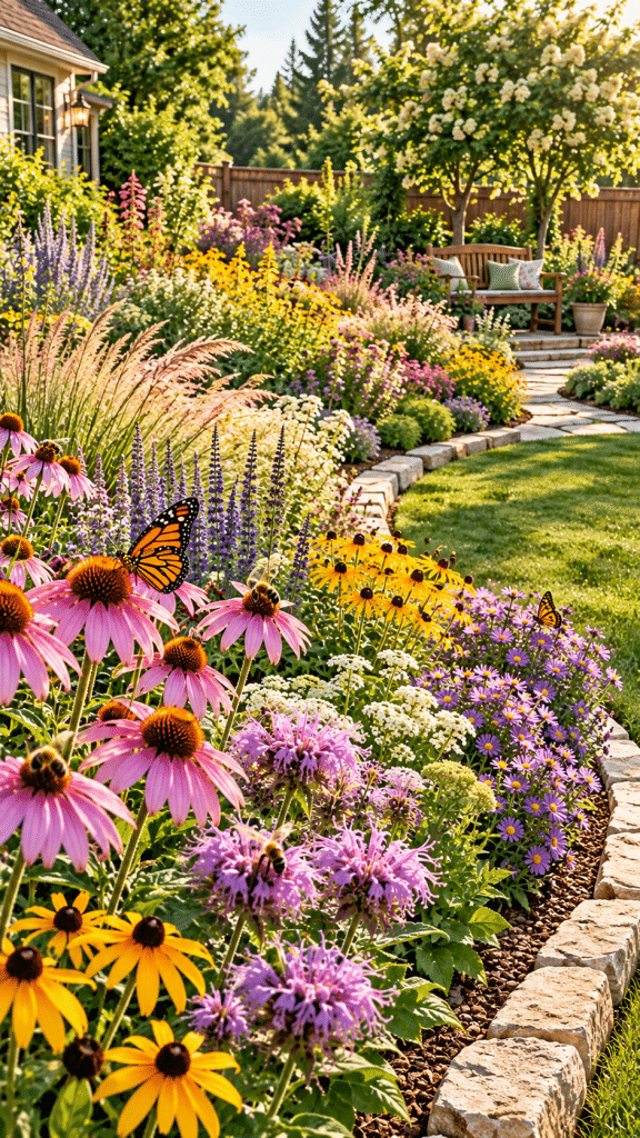 🥇 Top 1 Pollinator Garden Ideas With a Four Season Flowering Ribbon and Elegant Native Plant Borders