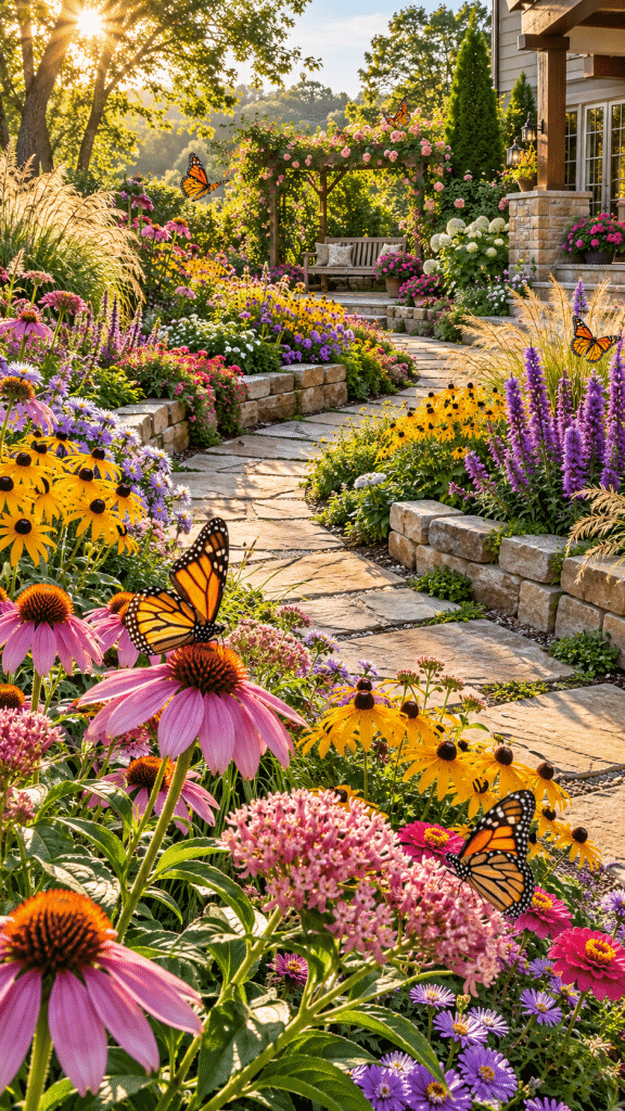 🥇 Top 1 The Butterfly Garden With Romantic Curved Flower Pathways and Colorful Nectar Borders