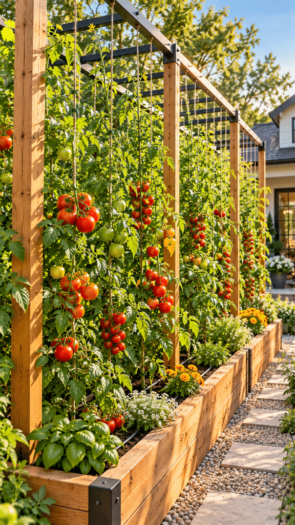 🥇 Top 1 Tomato Plant Trellis Ideas With an Elegant Overhead String Garden and Modern Vertical Growing
