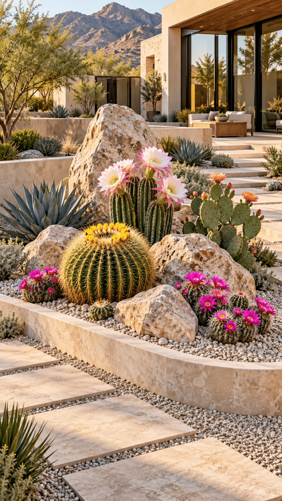 🥈 2 Modern Cactus Flower Garden Ideas With Sculptural Rocks and Elegant Minimalist Landscaping