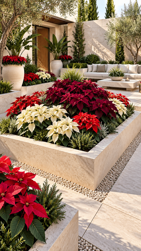 🥈 2 Poinsettia Garden Ideas With an Elegant Modern Courtyard and Sculptural Planting Beds