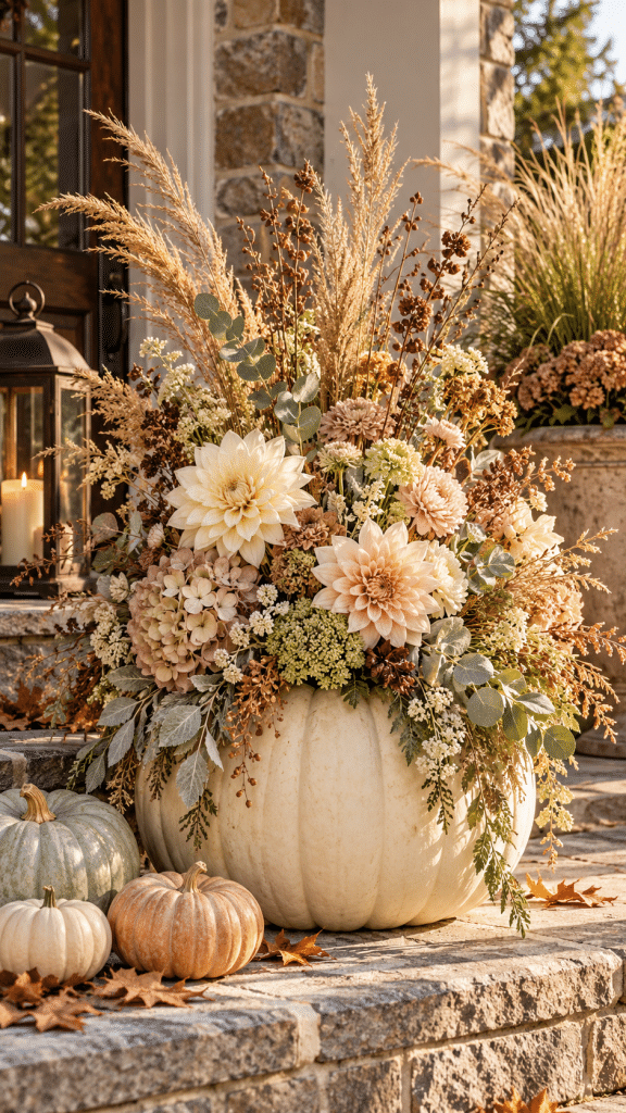 🥈 Best 2 Pumpkin Flower Arrangement With Elegant Neutral Harvest Flowers