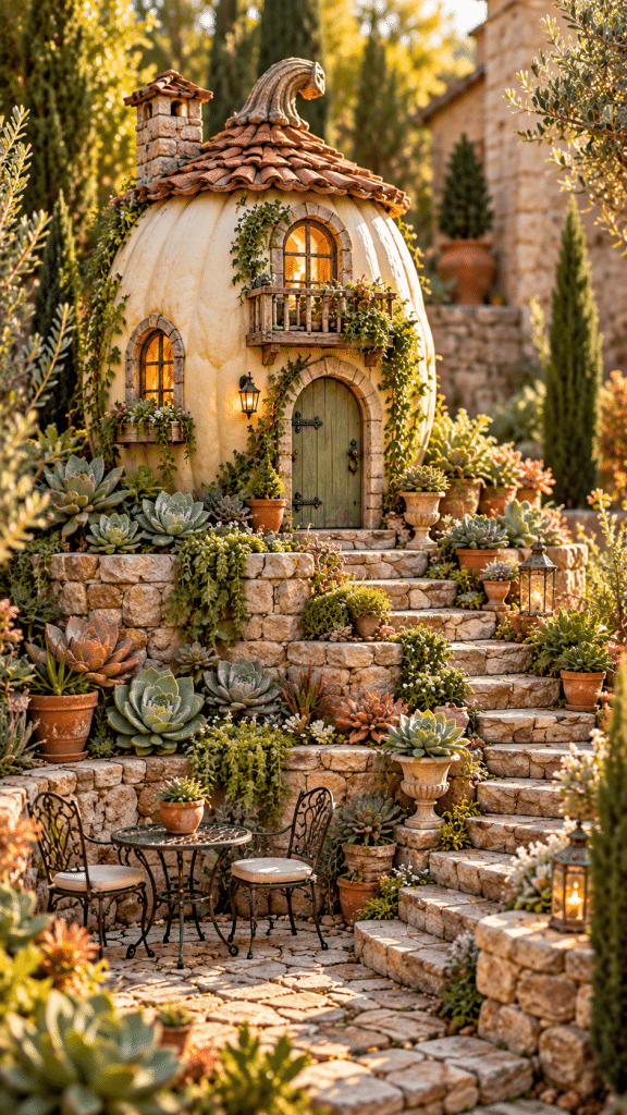 🥈 Top 2 Pumpkin Fairy House Garden Ideas With a Terraced Succulent Tower and Miniature Stone Courtyard