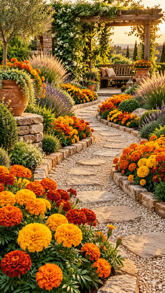 🥉 Best 3 Marigold Flower Garden Ideas With a Golden Garden Path