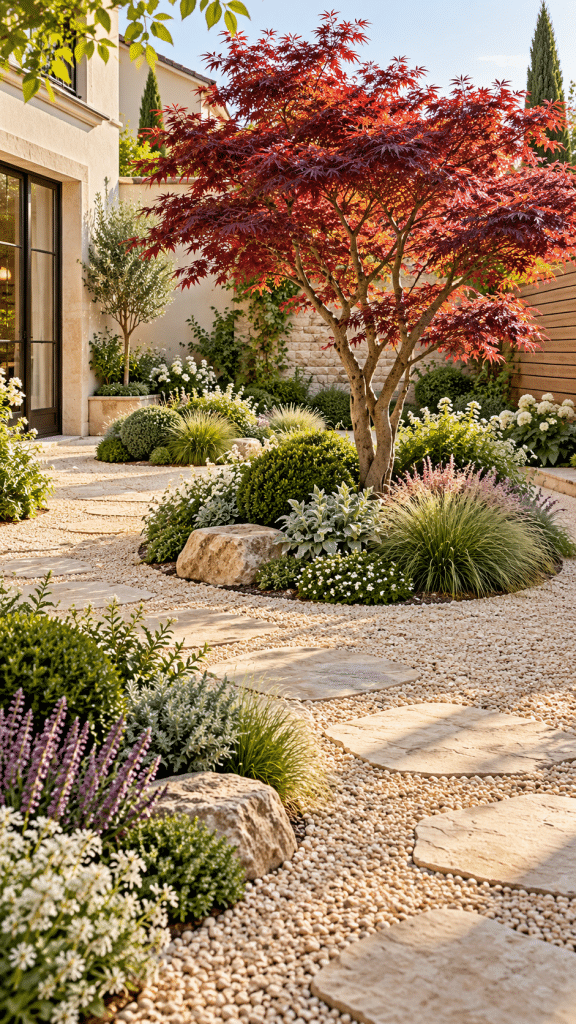 🥉 Best 3 Small Garden Landscaping Ideas With a Sculptural Focal Tree and Gravel Garden Islands